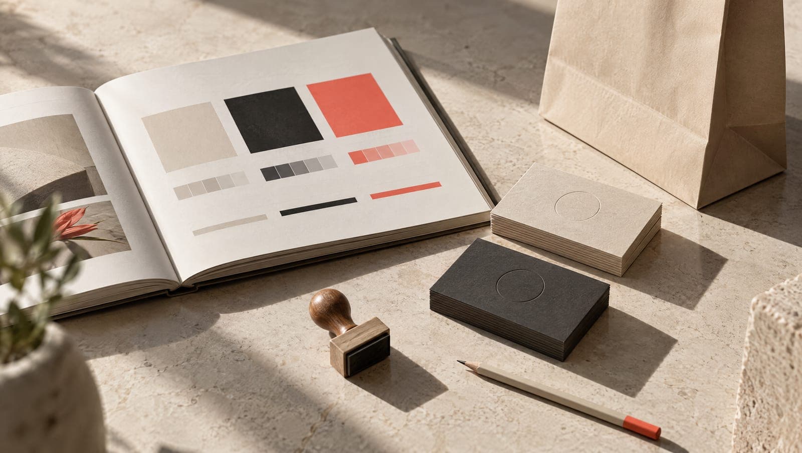 Manual de marca obert amb mostres de color, targetes amb relleu i bossa de paper