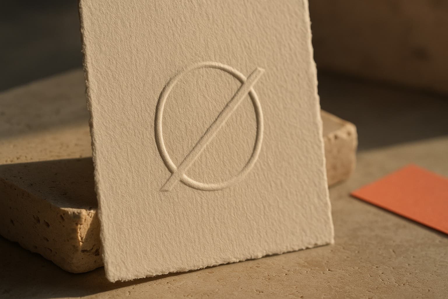 Detalle de un sello en seco sobre papel de algodón, con luz rasante marcando el relieve