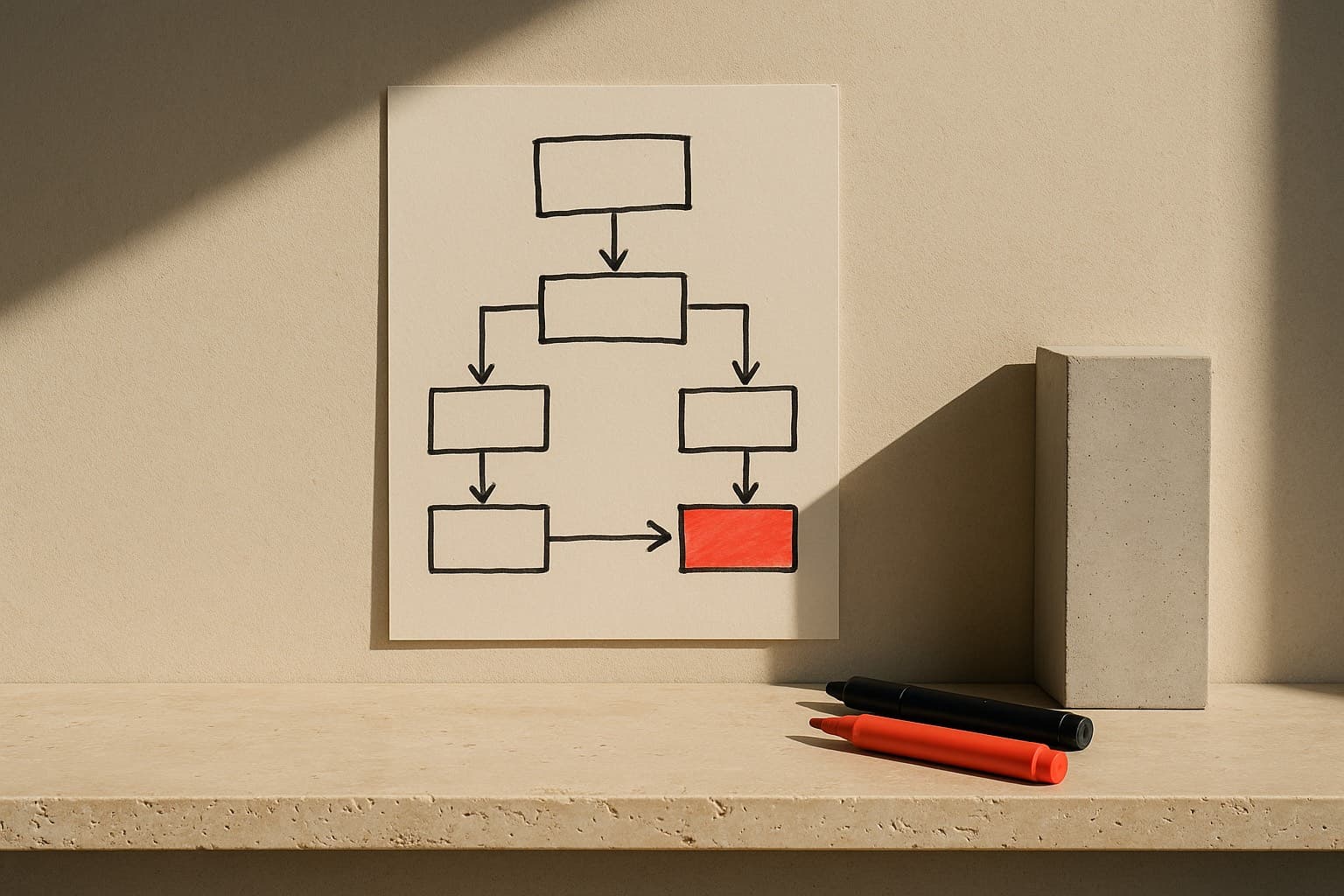 Diagrama de flujo dibujado a mano con cajas conectadas por flechas, una de ellas marcada en coral