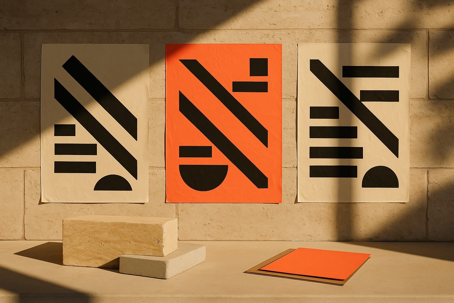 Tres carteles pegados en serie sobre una pared de piedra, uno de ellos coral
