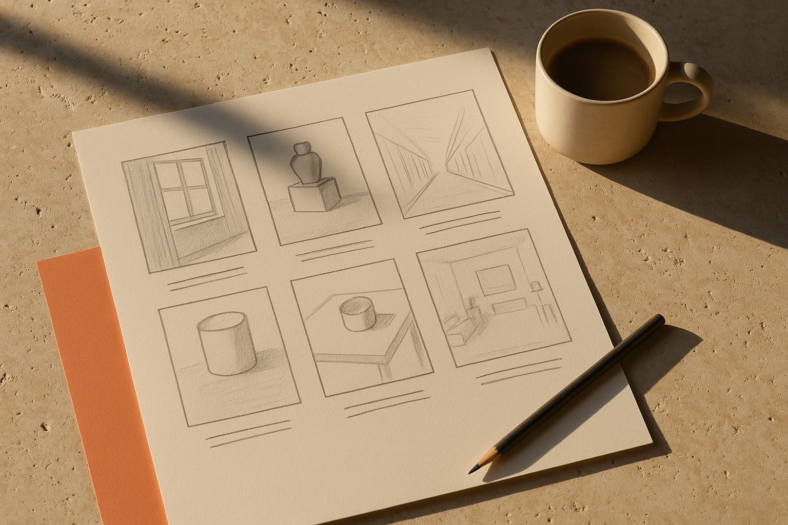 Storyboard dibujado a mano en viñetas sobre papel, con un lápiz encima