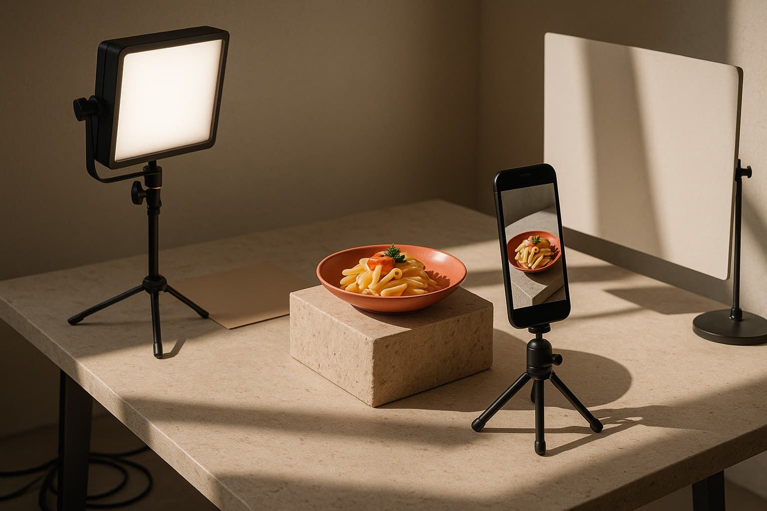 Set de rodaje con un móvil en trípode grabando un plato, con foco y reflector