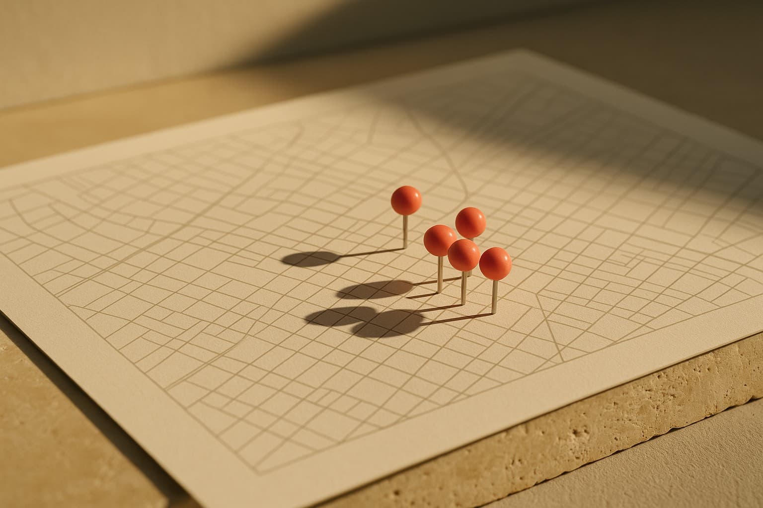 Mapa impreso en papel grueso con chinchetas marcando puntos