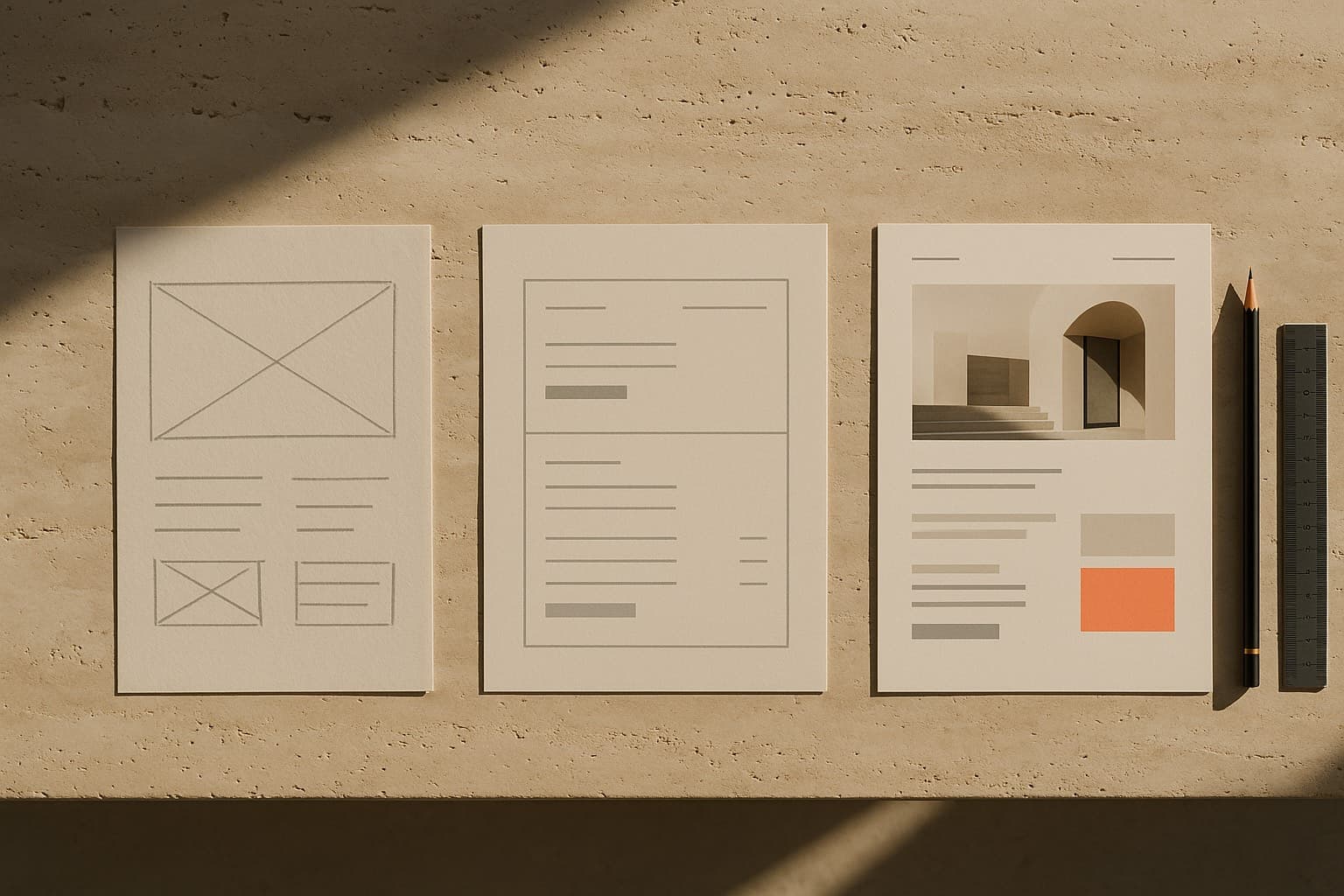 Tres impresiones de una misma web en distintos estados, del boceto al diseño final, ordenadas en secuencia sobre una mesa