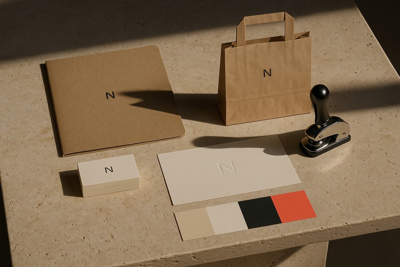 Papelería de marca desplegada sobre una mesa: carpeta, tarjetas, bolsa de papel y muestras de color con un monograma en relieve