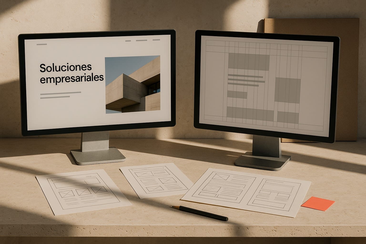 Dos pantallas sobre un escritorio: una con una web corporativa terminada y otra con su retícula de maquetación, rodeadas de wireframes impresos