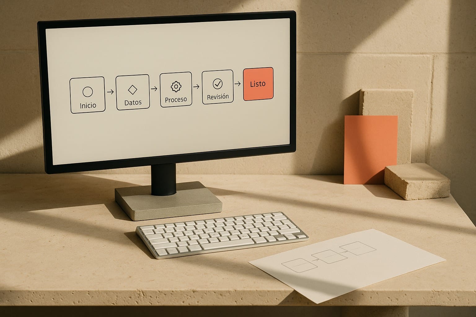 Pantalla con un diagrama de flujo de automatización de nodos encadenados junto a un proceso dibujado a mano en papel