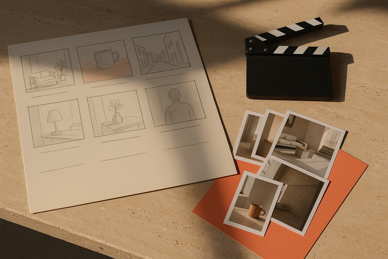 Mesa de dirección de arte con un storyboard dibujado a mano, fotogramas impresos y una claqueta