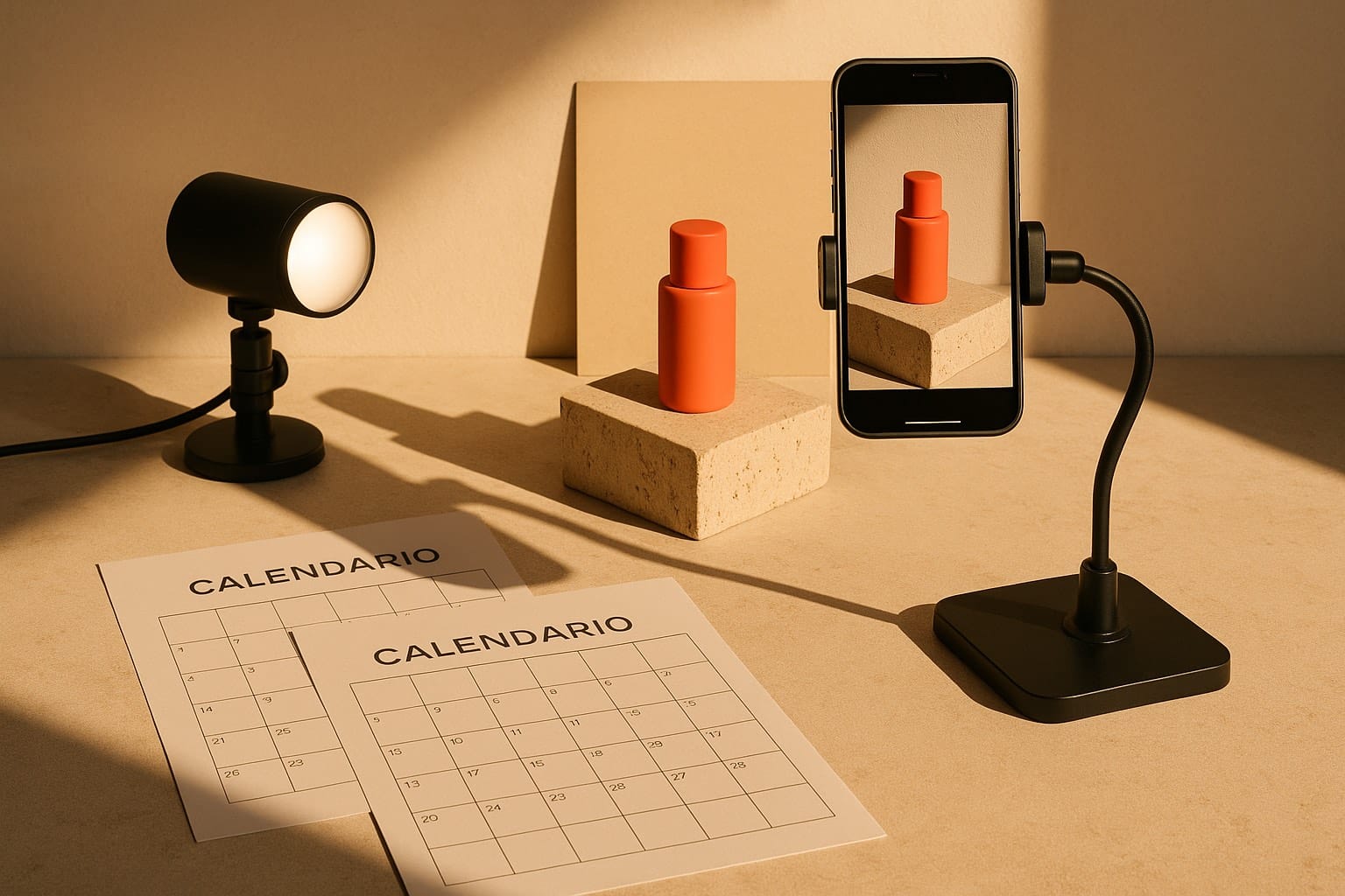 Móvil en soporte grabando un bodegón de producto con un foco de luz continua y un calendario de contenidos impreso al lado