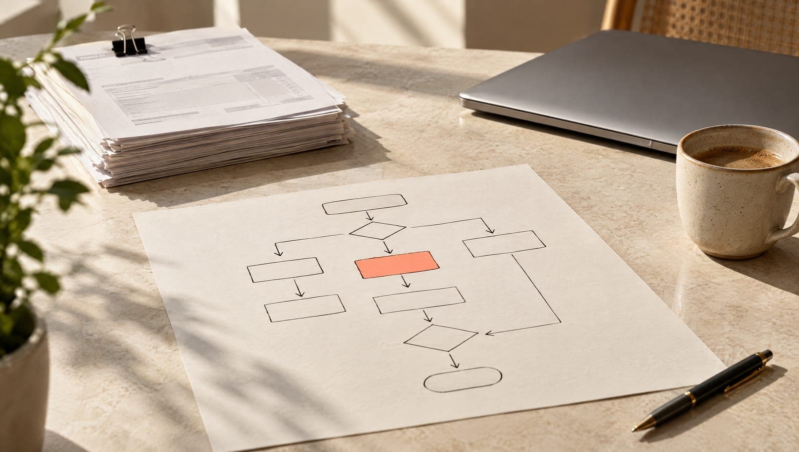 Diagrama de flujo dibujado a mano con una caja destacada en coral y facturas apiladas