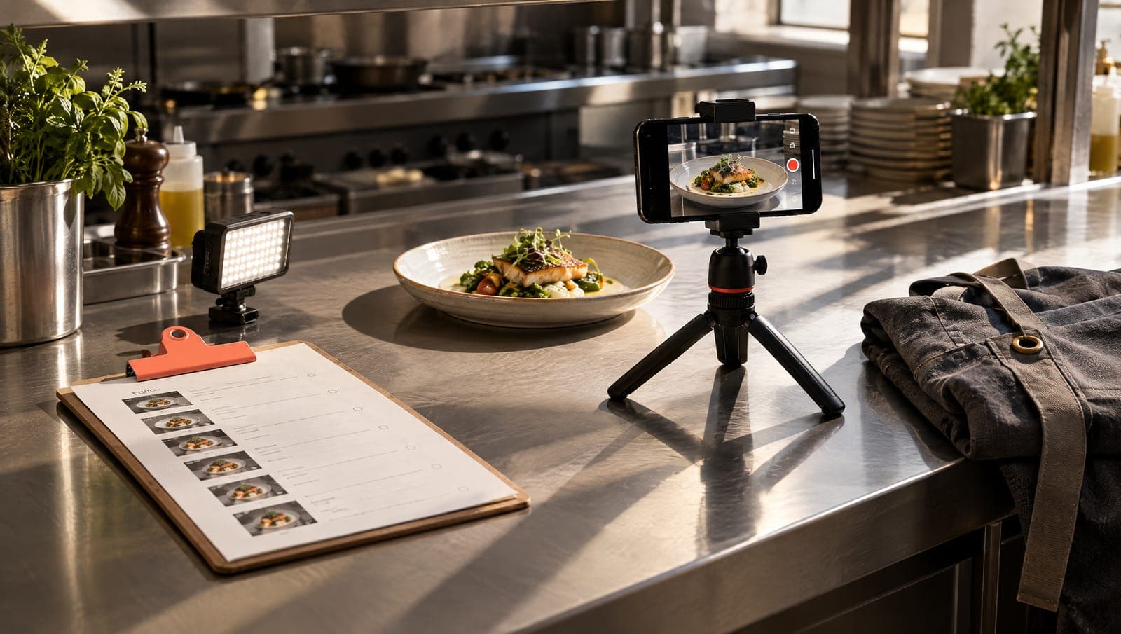 Pase de cocina con un móvil en trípode grabando un plato y una lista de planos
