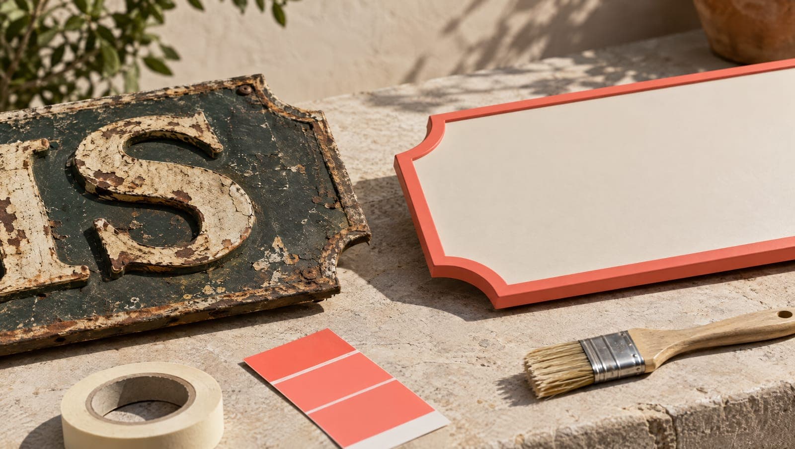 Rótulo antiguo junto a un rótulo nuevo, muestra de pintura coral y cinta de carrocero