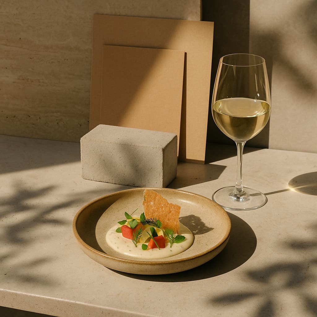 Plato de alta cocina emplatado en cerámica artesanal junto a una copa de vino blanco