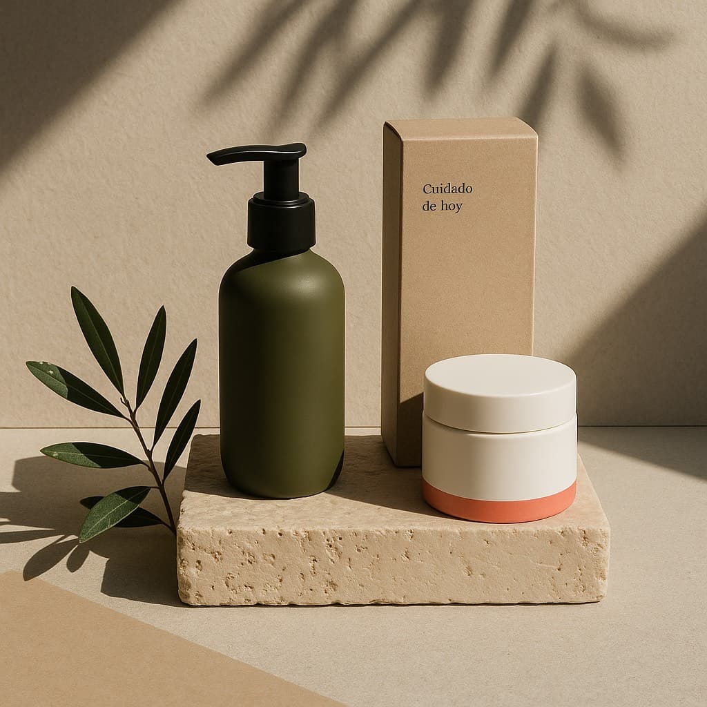Bodegón de packaging de cosmética: frasco, tarro y caja de cartón sobre una peana de piedra
