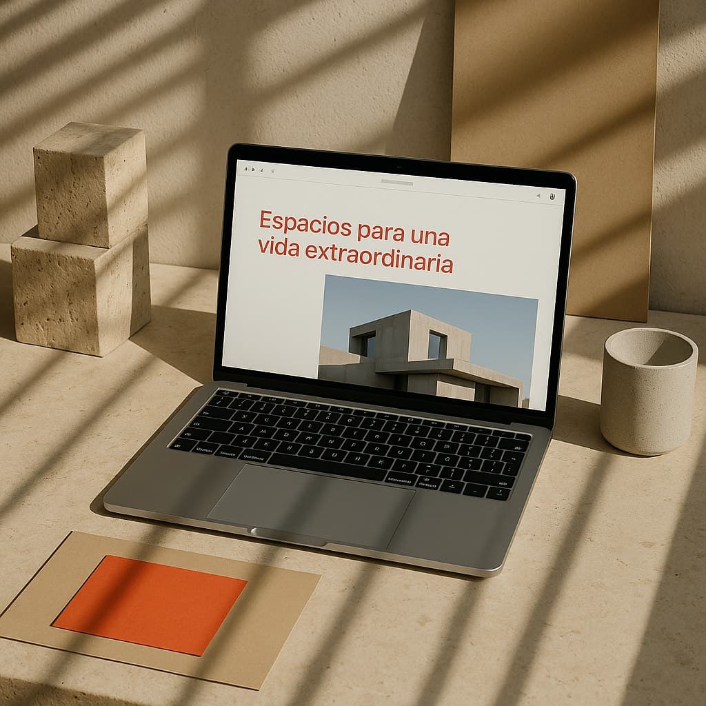 Portátil sobre una mesa de piedra mostrando la página de inicio de una web de arquitectura