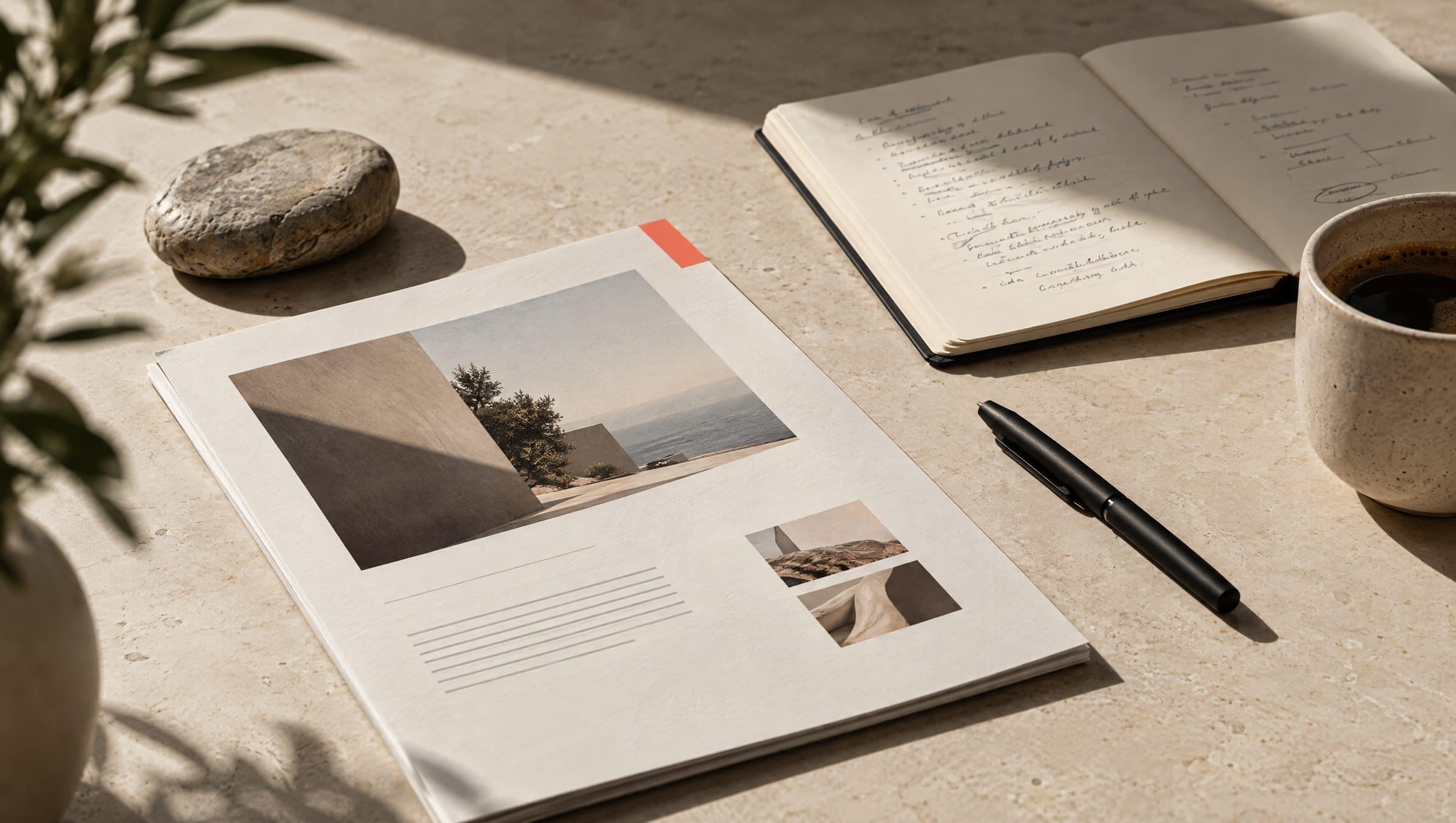 Table de travail avec une proposition imprimée, un carnet de notes, un stylo et une tasse de café