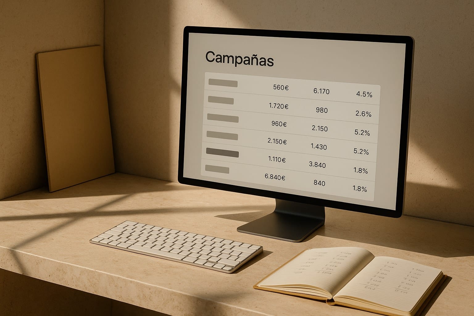 Pantalla con un panel de campañas de anuncios junto a un teclado y una libreta con cálculos a mano