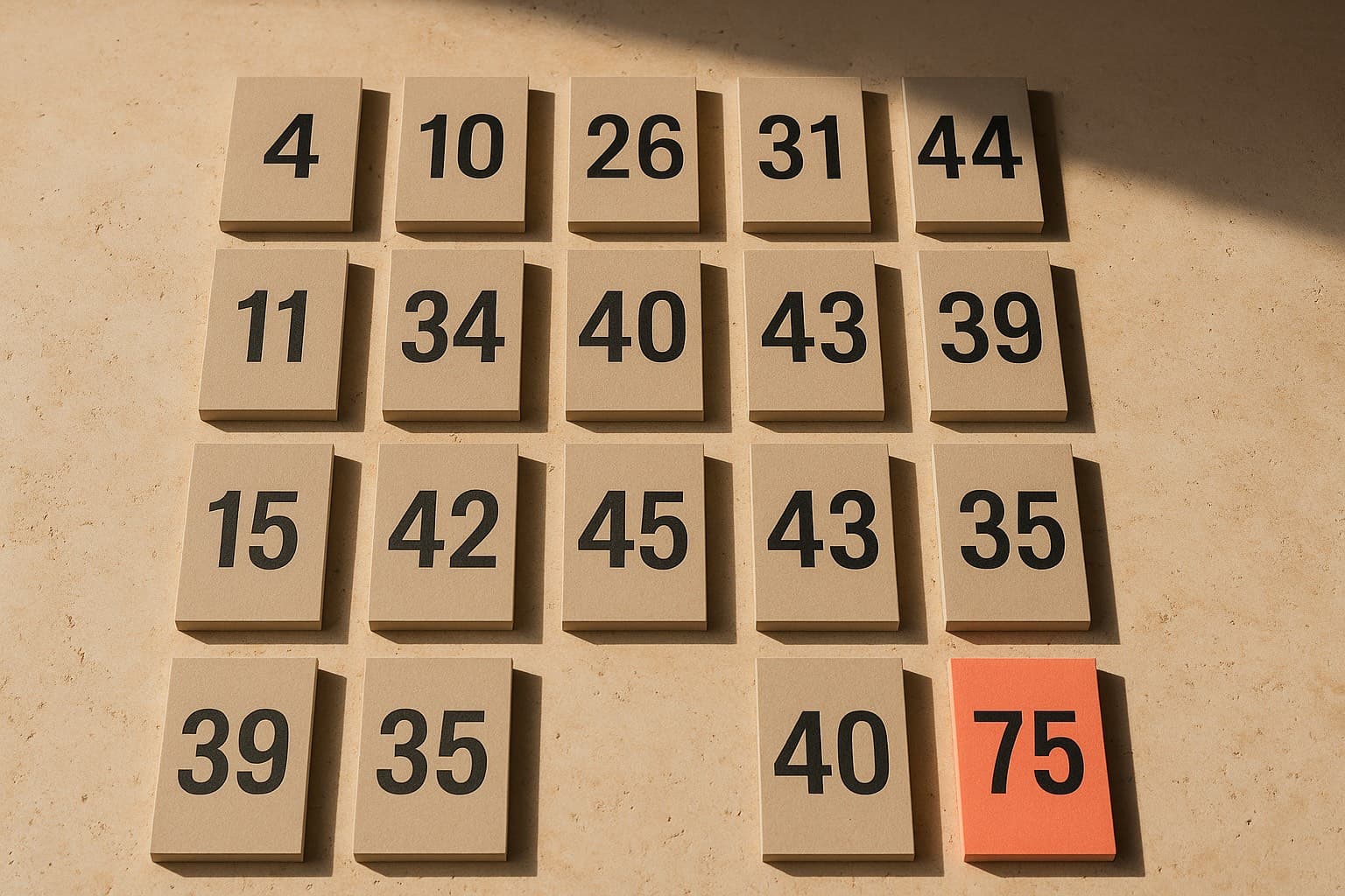 Fichas de cartón numeradas ordenadas en columnas sobre piedra